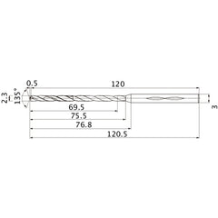 MHS0230L075B VP15TF 2.3 mm Dia. × 3 mm Shank × 75.5 mm Flute Length × 120.5 mm OAL, 135°, 2 Flute, Coolant Thru, Solid Carbide Drill