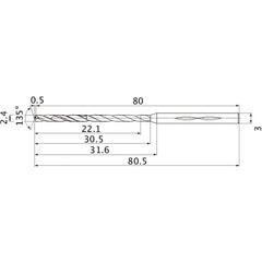 MHS0240L030B VP15TF 2.4 mm Dia. × 3 mm Shank × 30.5 mm Flute Length × 80.5 mm OAL, 135°, 2 Flute, Coolant Thru, Solid Carbide Drill
