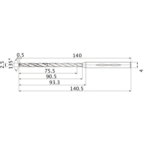 MHS0250L090B VP15TF 2.5 mm Dia. × 4 mm Shank × 90.5 mm Flute Length × 140.5 mm OAL, 135°, 2 Flute, Coolant Thru, Solid Carbide Drill
