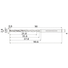 MHS0280L035B VP15TF 2.8 mm Dia. × 4 mm Shank × 35.6 mm Flute Length × 90.6 mm OAL, 135°, 2 Flute, Coolant Thru, Solid Carbide Drill