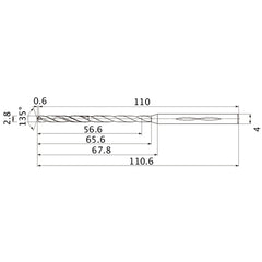 MHS0280L065B VP15TF 2.8 mm Dia. × 4 mm Shank × 65.6 mm Flute Length × 110.6 mm OAL, 135°, 2 Flute, Coolant Thru, Solid Carbide Drill