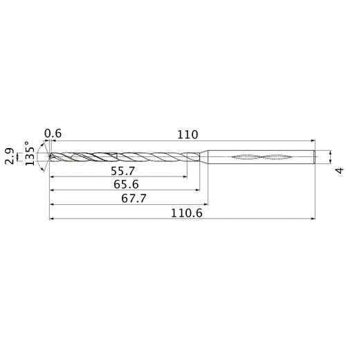 MHS0290L065B VP15TF 2.9 mm Dia. × 4 mm Shank × 65.6 mm Flute Length × 110.6 mm OAL, 135°, 2 Flute, Coolant Thru, Solid Carbide Drill