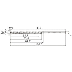 MHS0290L065B VP15TF 2.9 mm Dia. × 4 mm Shank × 65.6 mm Flute Length × 110.6 mm OAL, 135°, 2 Flute, Coolant Thru, Solid Carbide Drill