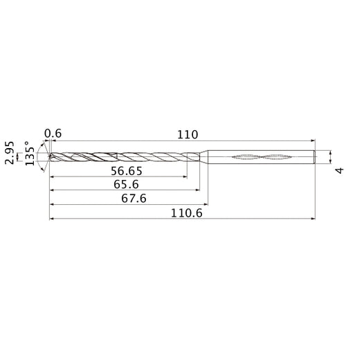 MHS0295L065B VP15TF 2.95 mm Dia. × 4 mm Shank × 65.6 mm Flute Length × 110.6 mm OAL, 135°, 2 Flute, Coolant Thru, Solid Carbide Drill