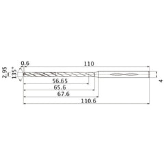 MHS0295L065B VP15TF 2.95 mm Dia. × 4 mm Shank × 65.6 mm Flute Length × 110.6 mm OAL, 135°, 2 Flute, Coolant Thru, Solid Carbide Drill