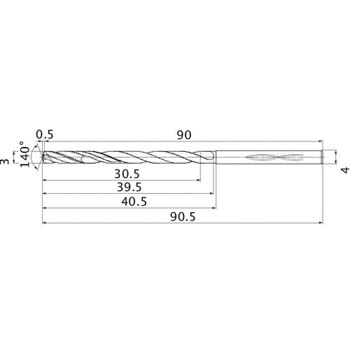 MHS0300L040B VP15TF 3 mm Dia. × 4 mm Shank × 39.5 mm Flute Length × 90.5 mm OAL, 140°, 2 Flute, Coolant Thru, Solid Carbide Drill