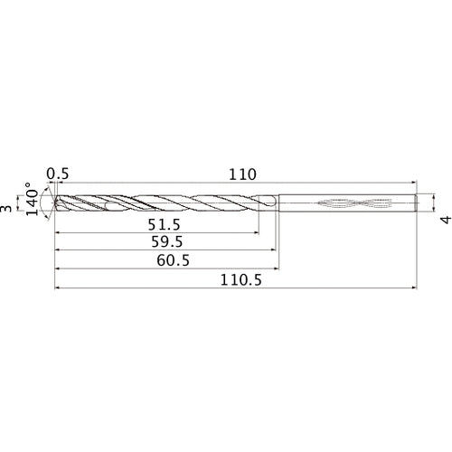 MHS0300L060B VP15TF 3 mm Dia. × 4 mm Shank × 59.5 mm Flute Length × 110.5 mm OAL, 140°, 2 Flute, Coolant Thru, Solid Carbide Drill