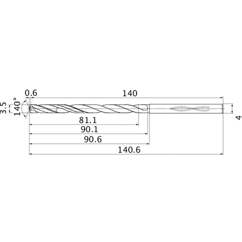 MHS0350L090B VP15TF 3.5 mm Dia. × 4 mm Shank × 90.1 mm Flute Length × 140.6 mm OAL, 140°, 2 Flute, Coolant Thru, Solid Carbide Drill