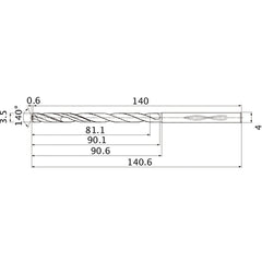 MHS0350L090B VP15TF 3.5 mm Dia. × 4 mm Shank × 90.1 mm Flute Length × 140.6 mm OAL, 140°, 2 Flute, Coolant Thru, Solid Carbide Drill