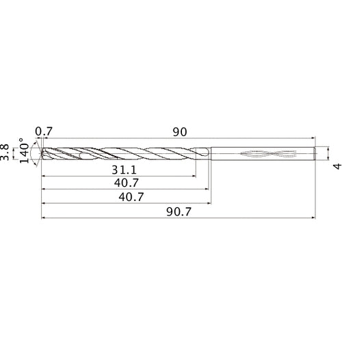MHS0380L040B VP15TF 3.8 mm Dia. × 4 mm Shank × 40.7 mm Flute Length × 90.7 mm OAL, 140°, 2 Flute, Coolant Thru, Solid Carbide Drill