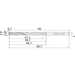 MHS0380L040B VP15TF 3.8 mm Dia. × 4 mm Shank × 40.7 mm Flute Length × 90.7 mm OAL, 140°, 2 Flute, Coolant Thru, Solid Carbide Drill