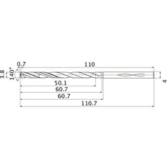 MHS0380L060B VP15TF 3.8 mm Dia. × 4 mm Shank × 60.7 mm Flute Length × 110.7 mm OAL, 140°, 2 Flute, Coolant Thru, Solid Carbide Drill