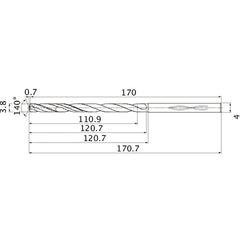 MHS0380L120B VP15TF 3.8 mm Dia. × 4 mm Shank × 120.7 mm Flute Length × 170.7 mm OAL, 140°, 2 Flute, Coolant Thru, Solid Carbide Drill