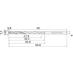 MHS0450L040B VP15TF 4.5 mm Dia. × 6 mm Shank × 39.3 mm Flute Length × 90.8 mm OAL, 140°, 2 Flute, Coolant Thru, Solid Carbide Drill