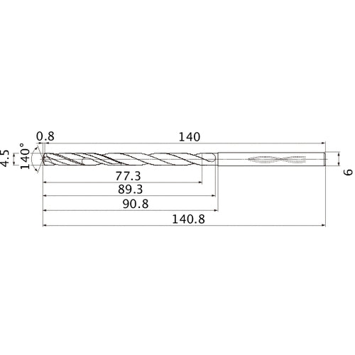 MHS0450L090B VP15TF 4.5 mm Dia. × 6 mm Shank × 89.3 mm Flute Length × 140.8 mm OAL, 140°, 2 Flute, Coolant Thru, Solid Carbide Drill