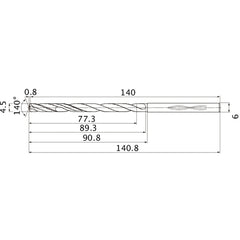 MHS0450L090B VP15TF 4.5 mm Dia. × 6 mm Shank × 89.3 mm Flute Length × 140.8 mm OAL, 140°, 2 Flute, Coolant Thru, Solid Carbide Drill