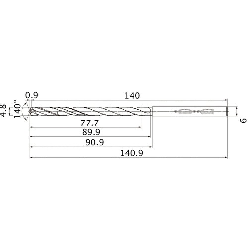 MHS0480L090B VP15TF 4.8 mm Dia. × 6 mm Shank × 89.9 mm Flute Length × 140.9 mm OAL, 140°, 2 Flute, Coolant Thru, Solid Carbide Drill