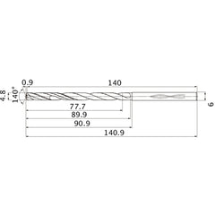 MHS0480L090B VP15TF 4.8 mm Dia. × 6 mm Shank × 89.9 mm Flute Length × 140.9 mm OAL, 140°, 2 Flute, Coolant Thru, Solid Carbide Drill