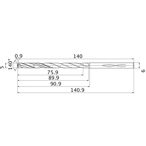 MHS0500L090B VP15TF 5 mm Dia. × 6 mm Shank × 89.9 mm Flute Length × 140.9 mm OAL, 140°, 2 Flute, Coolant Thru, Solid Carbide Drill