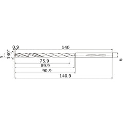 MHS0500L090B VP15TF 5 mm Dia. × 6 mm Shank × 89.9 mm Flute Length × 140.9 mm OAL, 140°, 2 Flute, Coolant Thru, Solid Carbide Drill