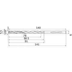 MHS0550L090B VP15TF 5.5 mm Dia. × 6 mm Shank × 90.5 mm Flute Length × 141 mm OAL, 140°, 2 Flute, Coolant Thru, Solid Carbide Drill