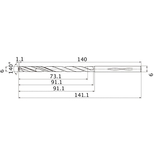 MHS0600L090B VP15TF 6 mm Dia. × 6 mm Shank × 91.1 mm Flute Length × 141.1 mm OAL, 140°, 2 Flute, Coolant Thru, Solid Carbide Drill