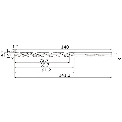 MHS0650L090B VP15TF 6.5 mm Dia. × 8 mm Shank × 89.7 mm Flute Length × 141.2 mm OAL, 140°, 2 Flute, Coolant Thru, Solid Carbide Drill
