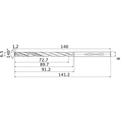 MHS0650L090B VP15TF 6.5 mm Dia. × 8 mm Shank × 89.7 mm Flute Length × 141.2 mm OAL, 140°, 2 Flute, Coolant Thru, Solid Carbide Drill