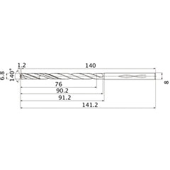 MHS0680L090B VP15TF 6.8 mm Dia. × 8 mm Shank × 90.2 mm Flute Length × 141.2 mm OAL, 140°, 2 Flute, Coolant Thru, Solid Carbide Drill