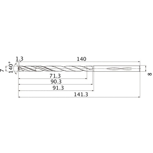 MHS0700L090B VP15TF 7 mm Dia. × 8 mm Shank × 90.3 mm Flute Length × 141.3 mm OAL, 140°, 2 Flute, Coolant Thru, Solid Carbide Drill