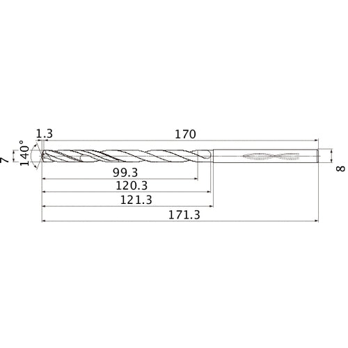 MHS0700L120B VP15TF 7 mm Dia. × 8 mm Shank × 120.3 mm Flute Length × 171.3 mm OAL, 140°, 2 Flute, Coolant Thru, Solid Carbide Drill