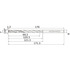 MHS0700L120B VP15TF 7 mm Dia. × 8 mm Shank × 120.3 mm Flute Length × 171.3 mm OAL, 140°, 2 Flute, Coolant Thru, Solid Carbide Drill