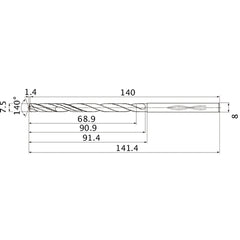 MHS0750L090B VP15TF 7.5 mm Dia. × 8 mm Shank × 90.9 mm Flute Length × 141.4 mm OAL, 140°, 2 Flute, Coolant Thru, Solid Carbide Drill
