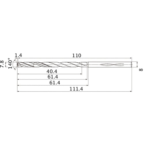 MHS0780L060B VP15TF 7.8 mm Dia. × 8 mm Shank × 61.4 mm Flute Length × 111.4 mm OAL, 140°, 2 Flute, Coolant Thru, Solid Carbide Drill