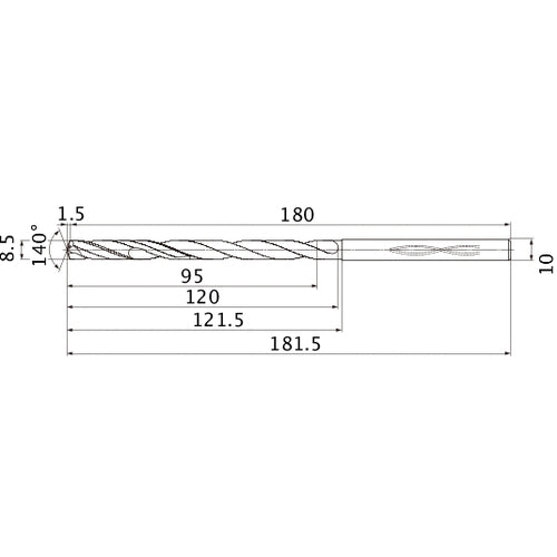 MHS0850L120B VP15TF 8.5 mm Dia. × 10 mm Shank × 120 mm Flute Length × 181.5 mm OAL, 140°, 2 Flute, Coolant Thru, Solid Carbide Drill