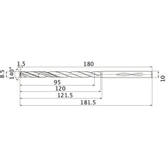MHS0850L120B VP15TF 8.5 mm Dia. × 10 mm Shank × 120 mm Flute Length × 181.5 mm OAL, 140°, 2 Flute, Coolant Thru, Solid Carbide Drill