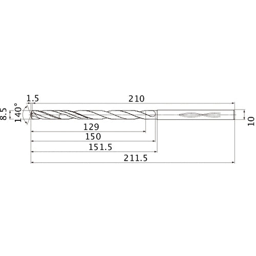 MHS0850L150B VP15TF 8.5 mm Dia. × 10 mm Shank × 150 mm Flute Length × 211.5 mm OAL, 140°, 2 Flute, Coolant Thru, Solid Carbide Drill