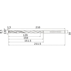 MHS0850L150B VP15TF 8.5 mm Dia. × 10 mm Shank × 150 mm Flute Length × 211.5 mm OAL, 140°, 2 Flute, Coolant Thru, Solid Carbide Drill