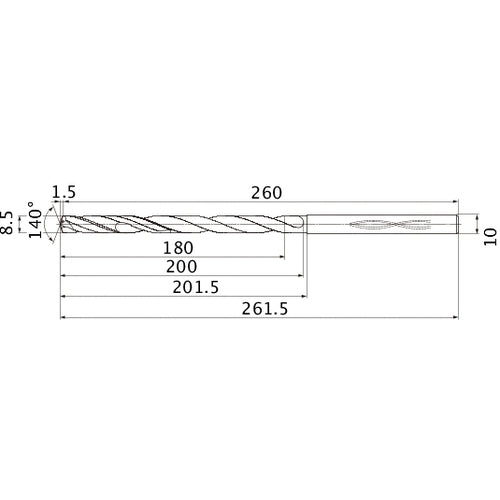 MHS0850L200B VP15TF 8.5 mm Dia. × 10 mm Shank × 200 mm Flute Length × 261.5 mm OAL, 140°, 2 Flute, Coolant Thru, Solid Carbide Drill