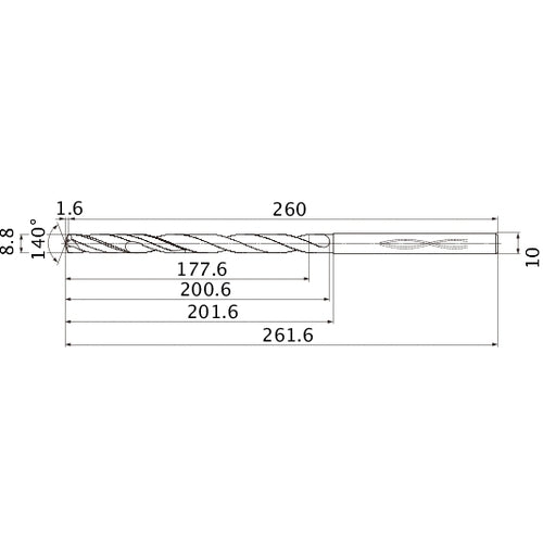 MHS0880L200B VP15TF 8.8 mm Dia. × 10 mm Shank × 200.6 mm Flute Length × 261.6 mm OAL, 140°, 2 Flute, Coolant Thru, Solid Carbide Drill