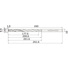 MHS0880L200B VP15TF 8.8 mm Dia. × 10 mm Shank × 200.6 mm Flute Length × 261.6 mm OAL, 140°, 2 Flute, Coolant Thru, Solid Carbide Drill