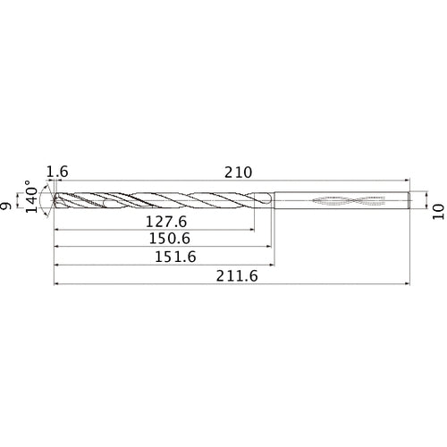 MHS0900L150B VP15TF 9 mm Dia. × 10 mm Shank × 150.6 mm Flute Length × 211.6 mm OAL, 140°, 2 Flute, Coolant Thru, Solid Carbide Drill