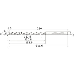 MHS0900L150B VP15TF 9 mm Dia. × 10 mm Shank × 150.6 mm Flute Length × 211.6 mm OAL, 140°, 2 Flute, Coolant Thru, Solid Carbide Drill