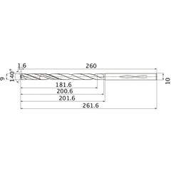 MHS0900L200B VP15TF 9 mm Dia. × 10 mm Shank × 200.6 mm Flute Length × 261.6 mm OAL, 140°, 2 Flute, Coolant Thru, Solid Carbide Drill