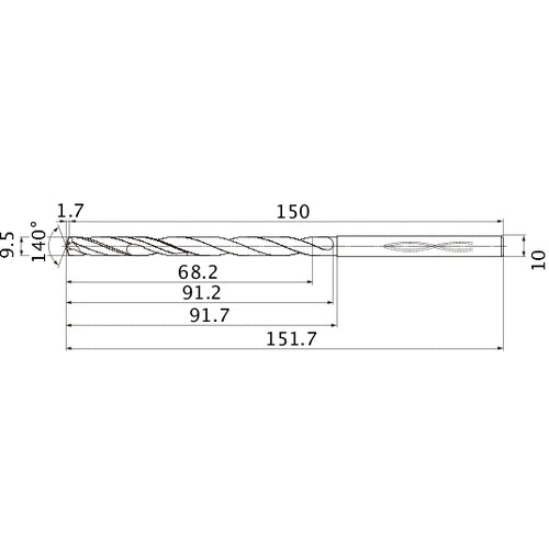 MHS0950L090B VP15TF 9.5 mm Dia. × 10 mm Shank × 91.2 mm Flute Length × 151.7 mm OAL, 140°, 2 Flute, Coolant Thru, Solid Carbide Drill