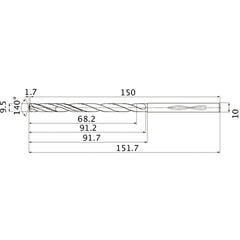 MHS0950L090B VP15TF 9.5 mm Dia. × 10 mm Shank × 91.2 mm Flute Length × 151.7 mm OAL, 140°, 2 Flute, Coolant Thru, Solid Carbide Drill
