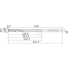 MHS0950L150B VP15TF 9.5 mm Dia. × 10 mm Shank × 151.2 mm Flute Length × 211.7 mm OAL, 140°, 2 Flute, Coolant Thru, Solid Carbide Drill