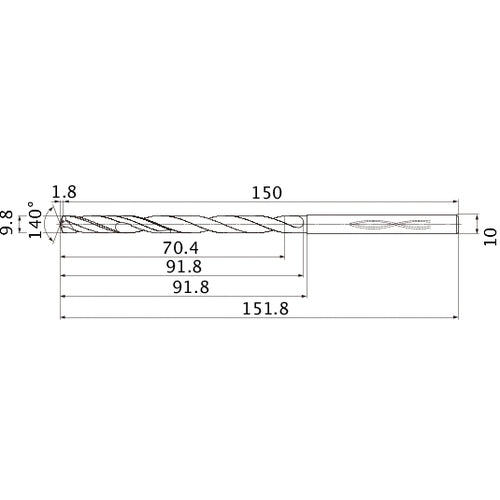 MHS0980L090B VP15TF 9.8 mm Dia. × 10 mm Shank × 91.8 mm Flute Length × 151.8 mm OAL, 140°, 2 Flute, Coolant Thru, Solid Carbide Drill