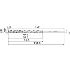 MHS0980L090B VP15TF 9.8 mm Dia. × 10 mm Shank × 91.8 mm Flute Length × 151.8 mm OAL, 140°, 2 Flute, Coolant Thru, Solid Carbide Drill