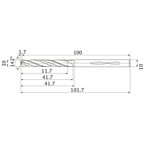 MHS1000L040B VP15TF 10 mm Dia. × 10 mm Shank × 41.7 mm Flute Length × 101.7 mm OAL, 142°, 2 Flute, Coolant Thru, Solid Carbide Drill